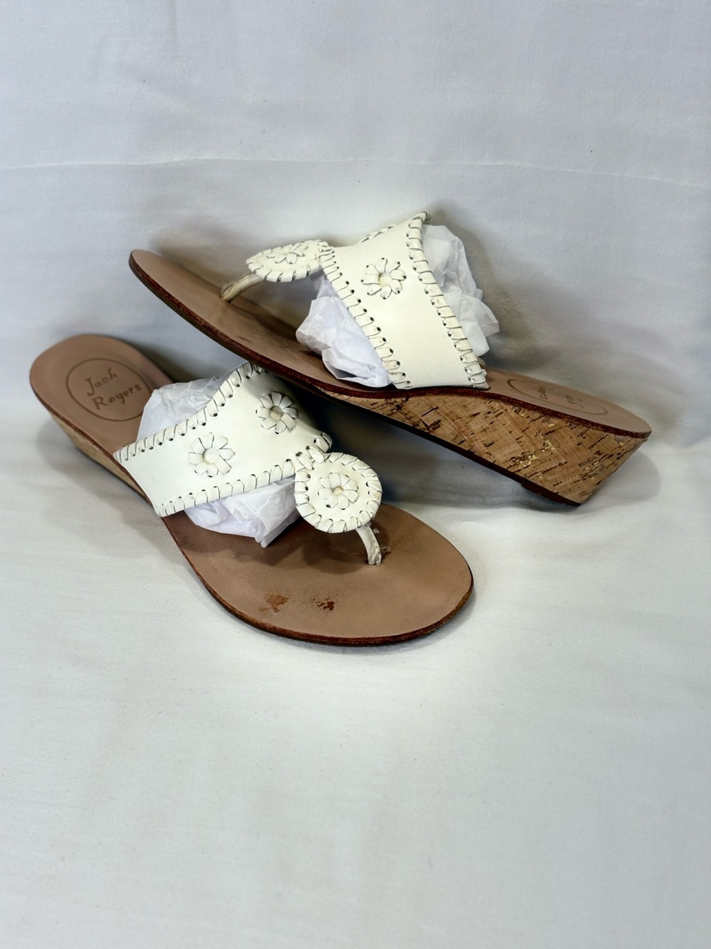 Jack Rogers White Leather Cork Wedge Thong Sandals SZ 7.5